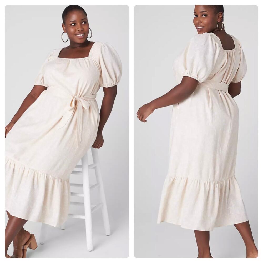 Lane Bryant Linen Blend Smocked-Shoulder Puff-Sleeve Dress Size 18/20‎